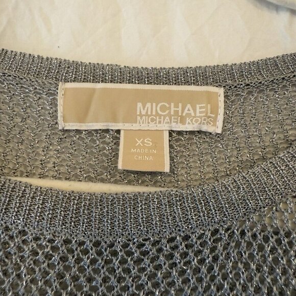 MICHAEL KORS XS Open Knit Mesh Metallic Dolman Top Silver Castlecore - Picture 2 of 10